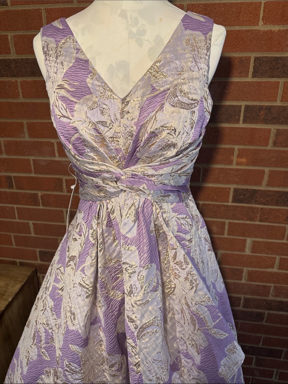 Shirees Lavender, White & Gold Metallic Floral Jacquard Twist-Front A-line Gown - Picture 2 of 10